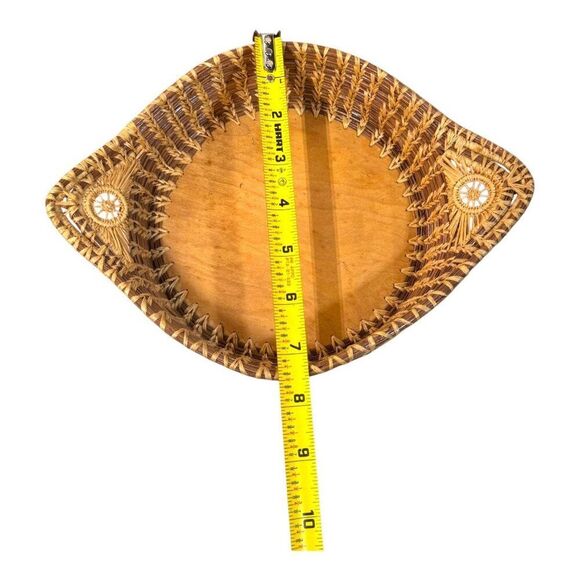 Handcrafted Pine Needle Straw Woven Rattan & Wood Decorative Basket Dish Handles - Picture 6 of 7